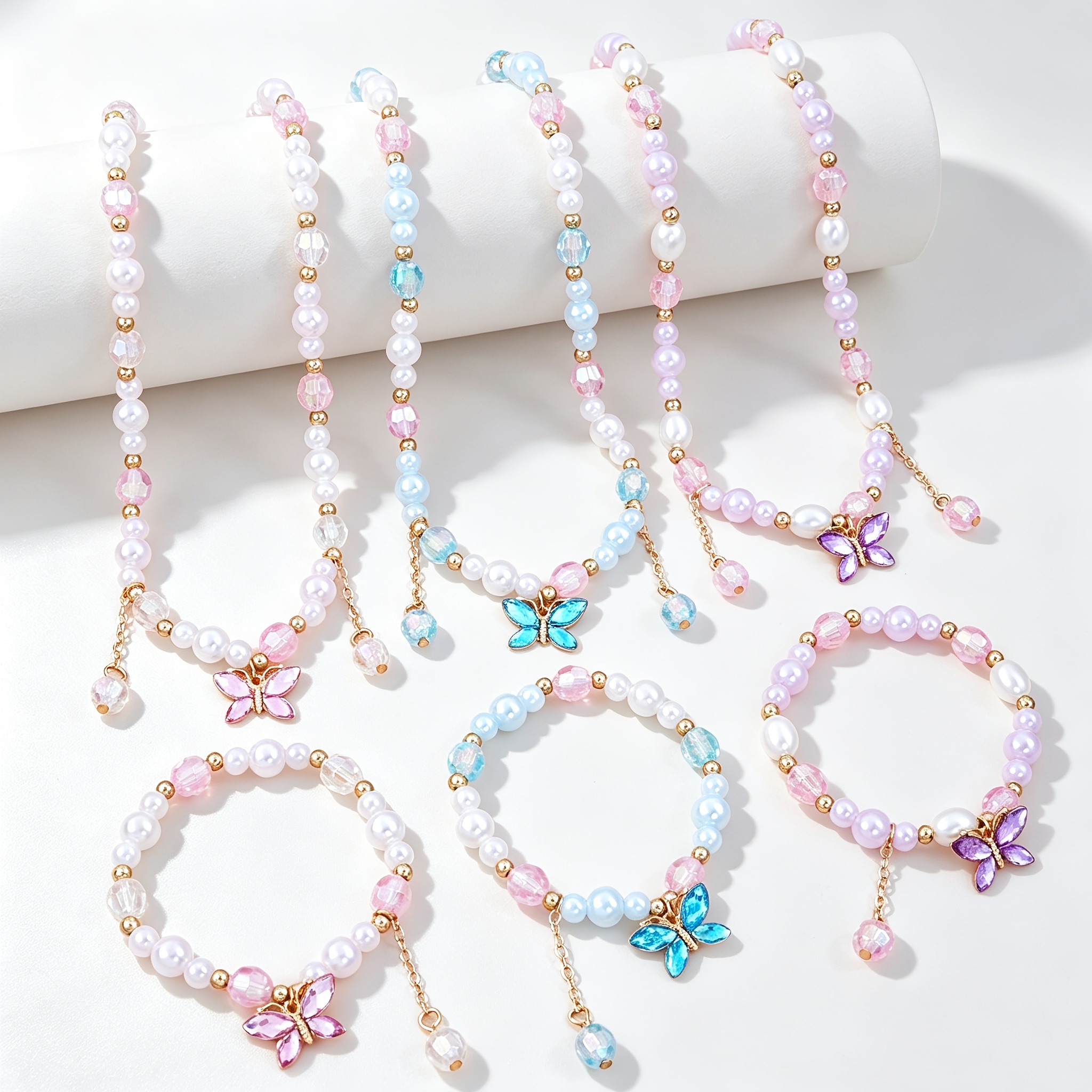 TEMU 6-delige Meisjes Vlinder Kralen Sieradreset, Verstelbare Stretch Ketting en Armband Vriendschap Verkleed Sieradreset, Leuke Kleurrijke Hanger