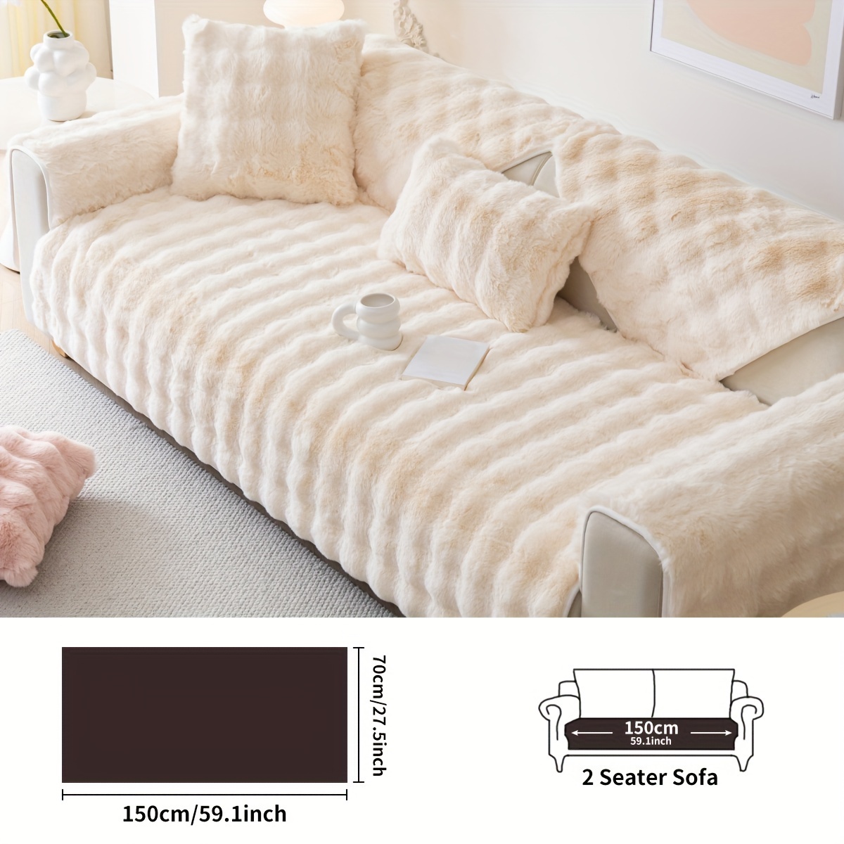 TEMU 1pc Faux Rabbit Plush Sofa Cushion Pet Sofa Cover Thick Plush Winter Cushion Protector Slipcover Anti-slip Bedroom Office Living Room Furniture