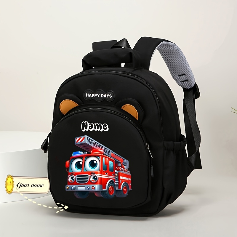 TEMU Personalized Custom Name Cartoon Backpack, Trendy Cartoon-themed Bag Featuring Engineering Vehicle Prints, Adorable Fire Truck Design, 3d Bear