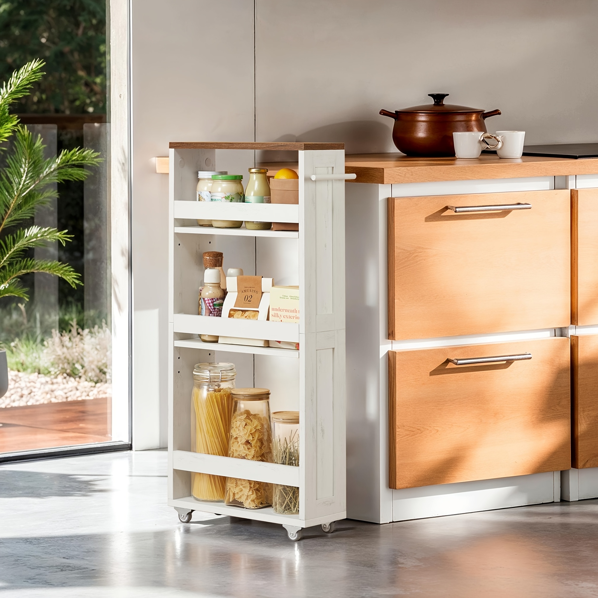 TEMU Chariot Roulant Mince, Organisateur de Rangement à 4 Niveaux avec Poignée, , Buanderie, Salle de Bain, Blanc et Marron
