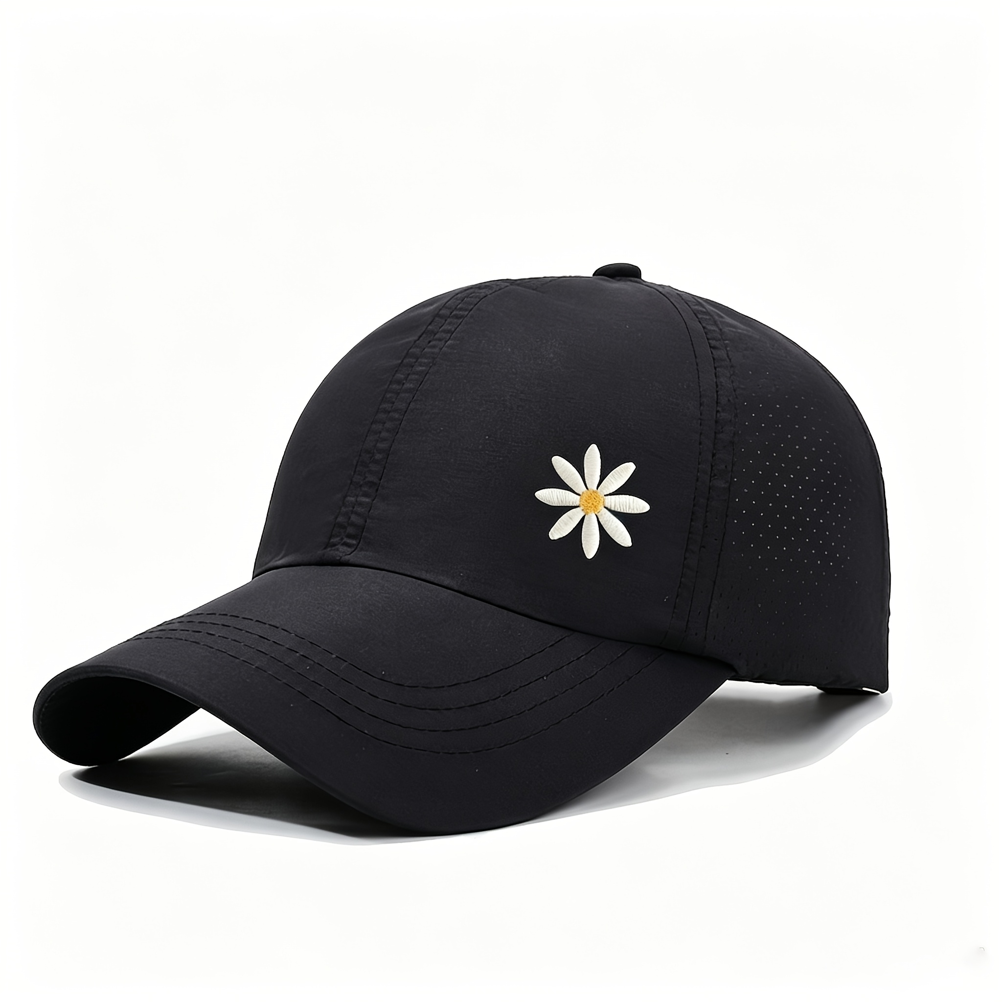 TEMU Unisex Embroidered Daisy Baseball - Breathable, Quick-dry Mesh With Ponytail Hole, Adjustable Design In /pink/gray, Ideal For Running And Casual