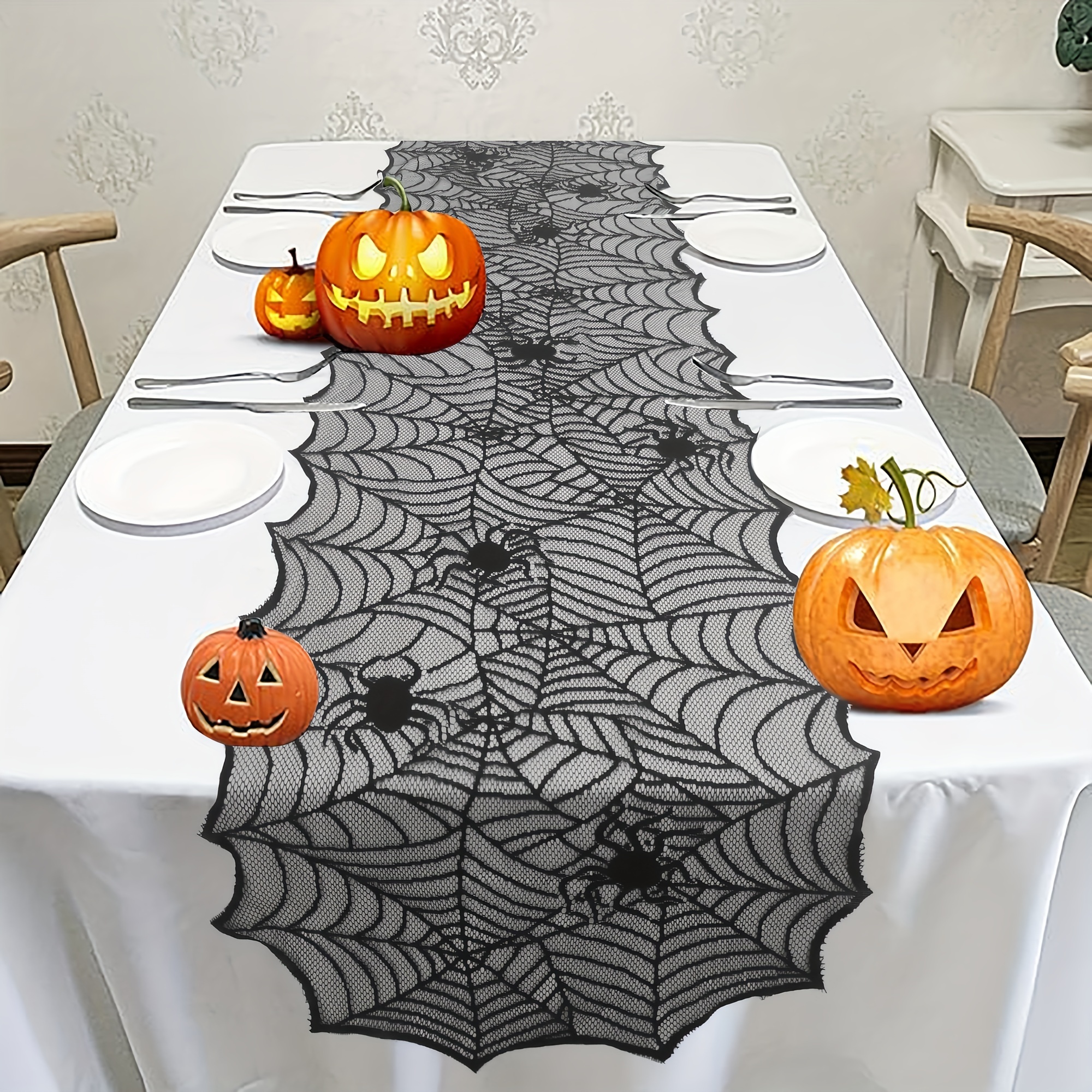 

1pc, Table Runner, Black Lace Spider Web Table Runner, Polyester American Halloween Party Gift Home Dining Decor, Ghost Festival, Festive Tabletop Accessory
