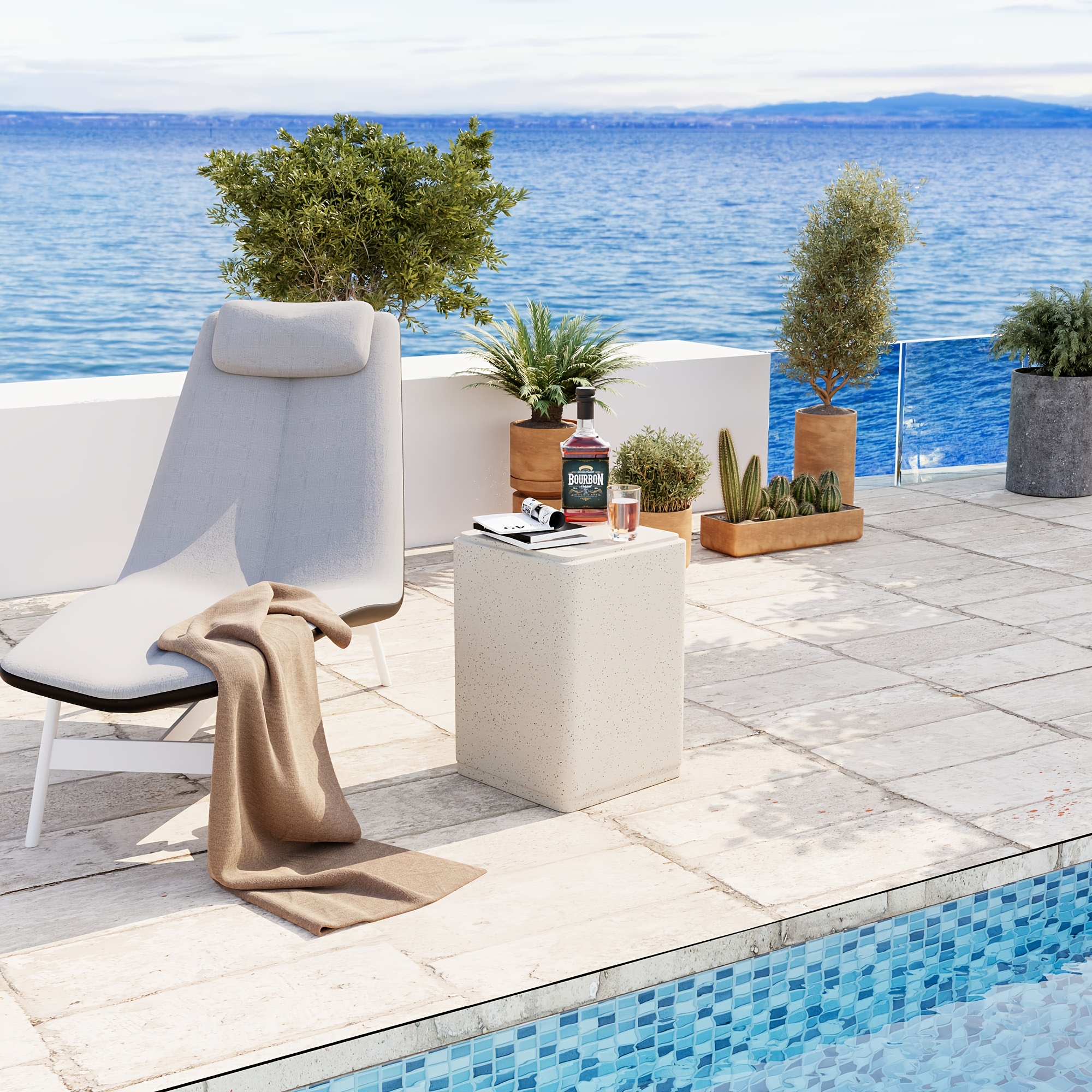 14” Modern Terrazzo Side Table Suitable for /Outdoor Use - Rectangular Magnesium Oxide End Table with Speckled White Finish, HDPE Tabletop & Spray-Painted Frame, Space-Saving Accent Furniture for Living Room, Bedroom, Balcony, Plant Stand
