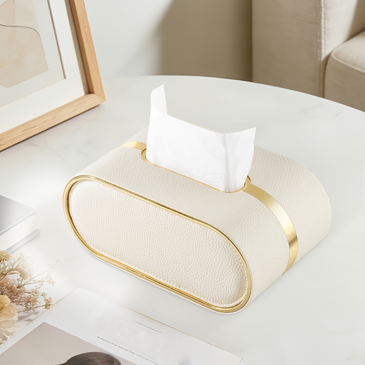 Image of Gilded Arc Luxe Ambiance, Lychee-pattern Pu Leather Golden-trim Oval Tissue Box, Home Desk Napkin Dispenser