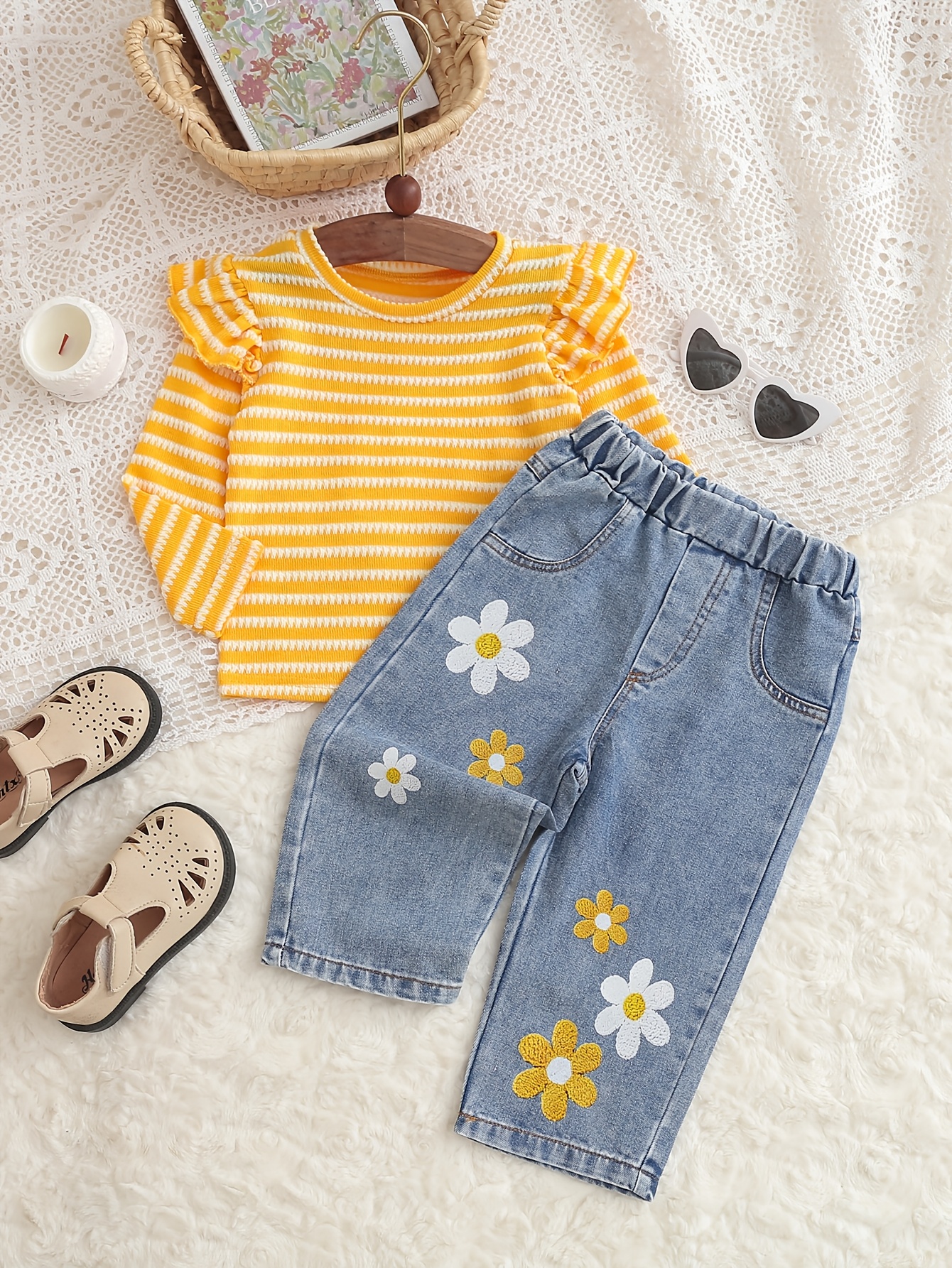 item picture baby   spring autumn casual loose yellow white striped flutter sleeve long sleeve top and daisy   denim pants 2pcs set for outdoor