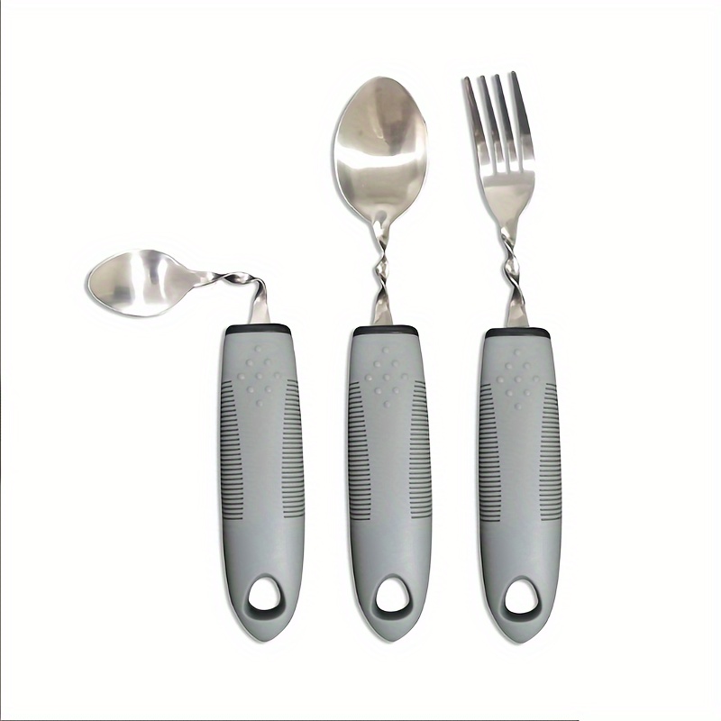 3pcs Adjustable Stainless Steel Tableware Set for Seniors & Rehabilitation - Includes Fork, Large Spoon & Small Spoon with Non-Slip Grip