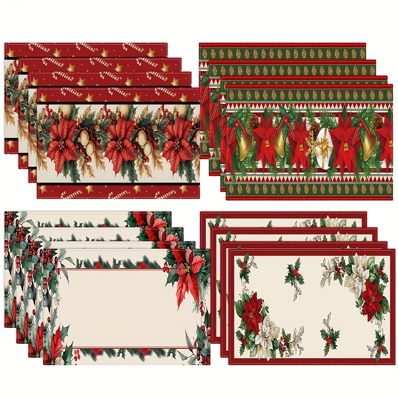 

4-pack Christmas Placemats, Polyester Table Mats With Floral & Christmas , Machine Washable, Square, Woven, For Home Kitchen & Dining Decor