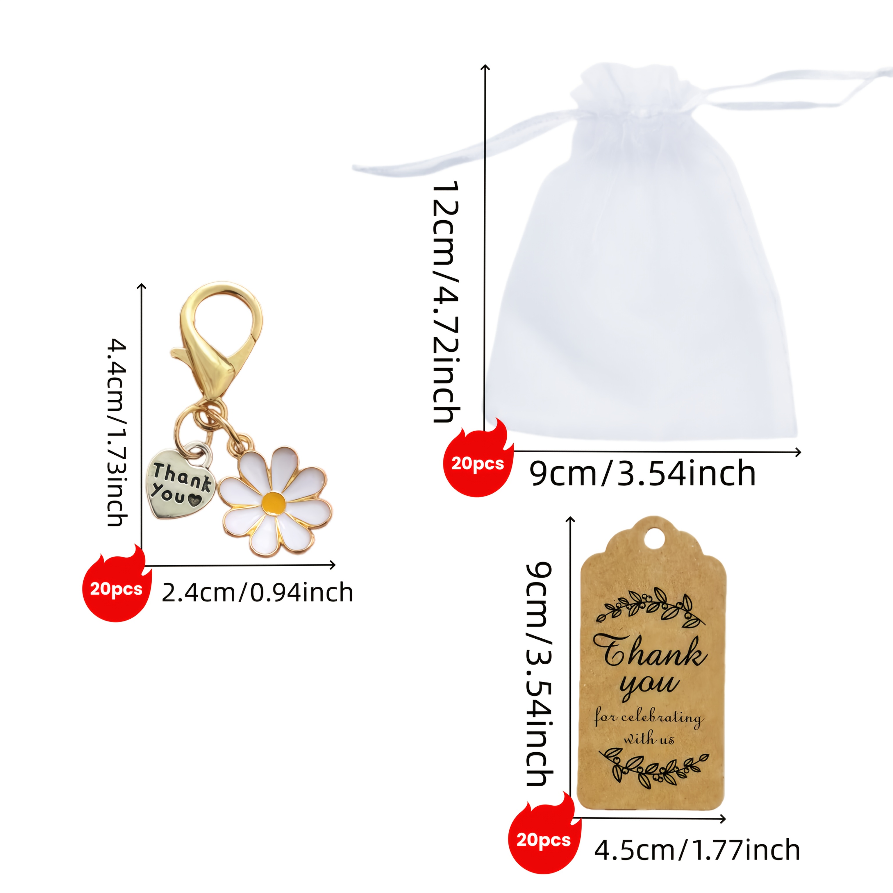 TEMU 60pcs/20 Sets/white Daisy Heart Keychain Party Favors, 20pcs Keys   20pcs Thank You Cards   20pcs Organza Bags, Thank You, Encouragement Cards,