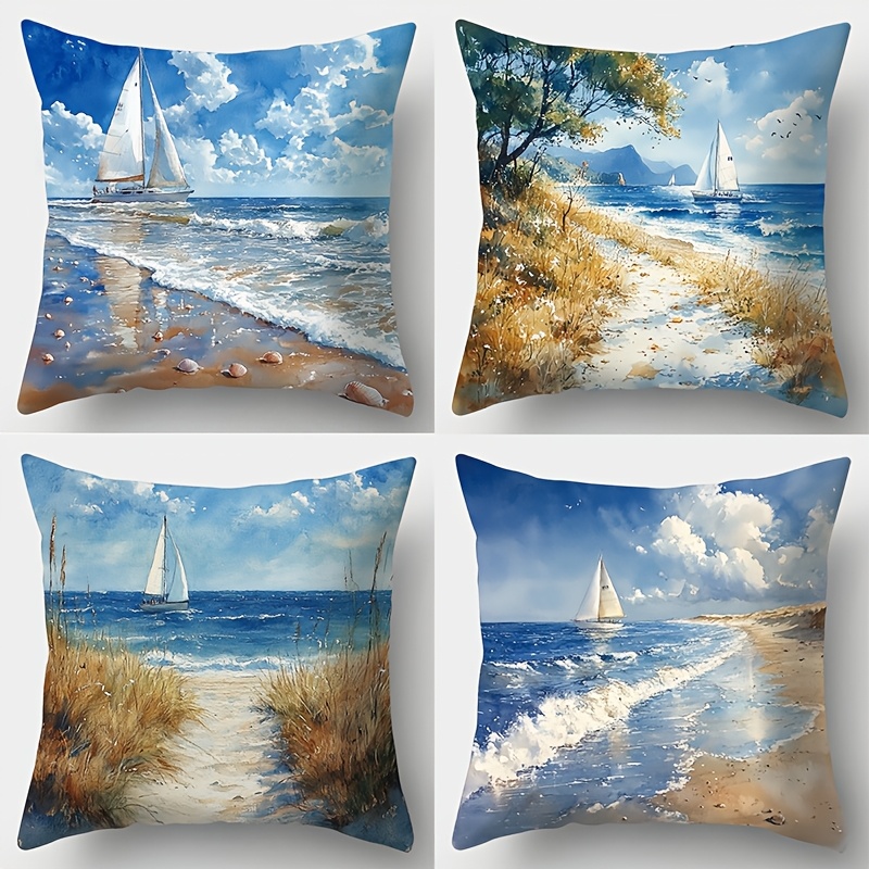 

4-pack Ocean Theme Pillowcases, 17.7x17.7 Inch, Contemporary Printed Polyester Cushion Covers With Beach, Waves, Sailboats, & , Machine Washable, Zipper Closure For Living Room Sofa Decor