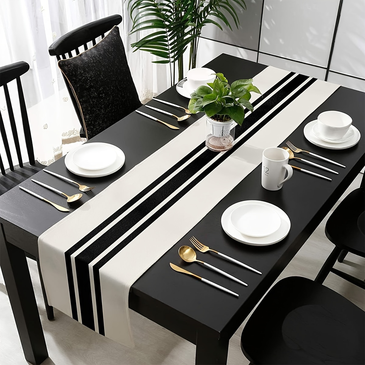 

1pc Table Runner, Modern Farmhouse Tablecloths, Black And Beige Striped Tablecloths, Suitable For Bohemian Rural Family Dining Tables, 33cm*183cm/13in*72in, Home Decor, Home Supplies