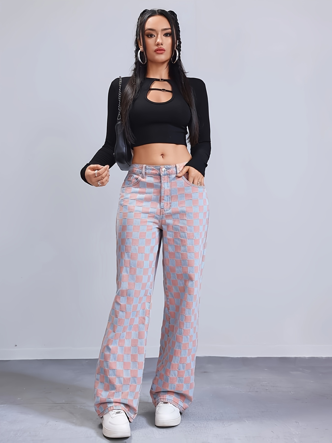 jeans anchos cuadros elegantes mujer 50% poliéster Temu Uruguay