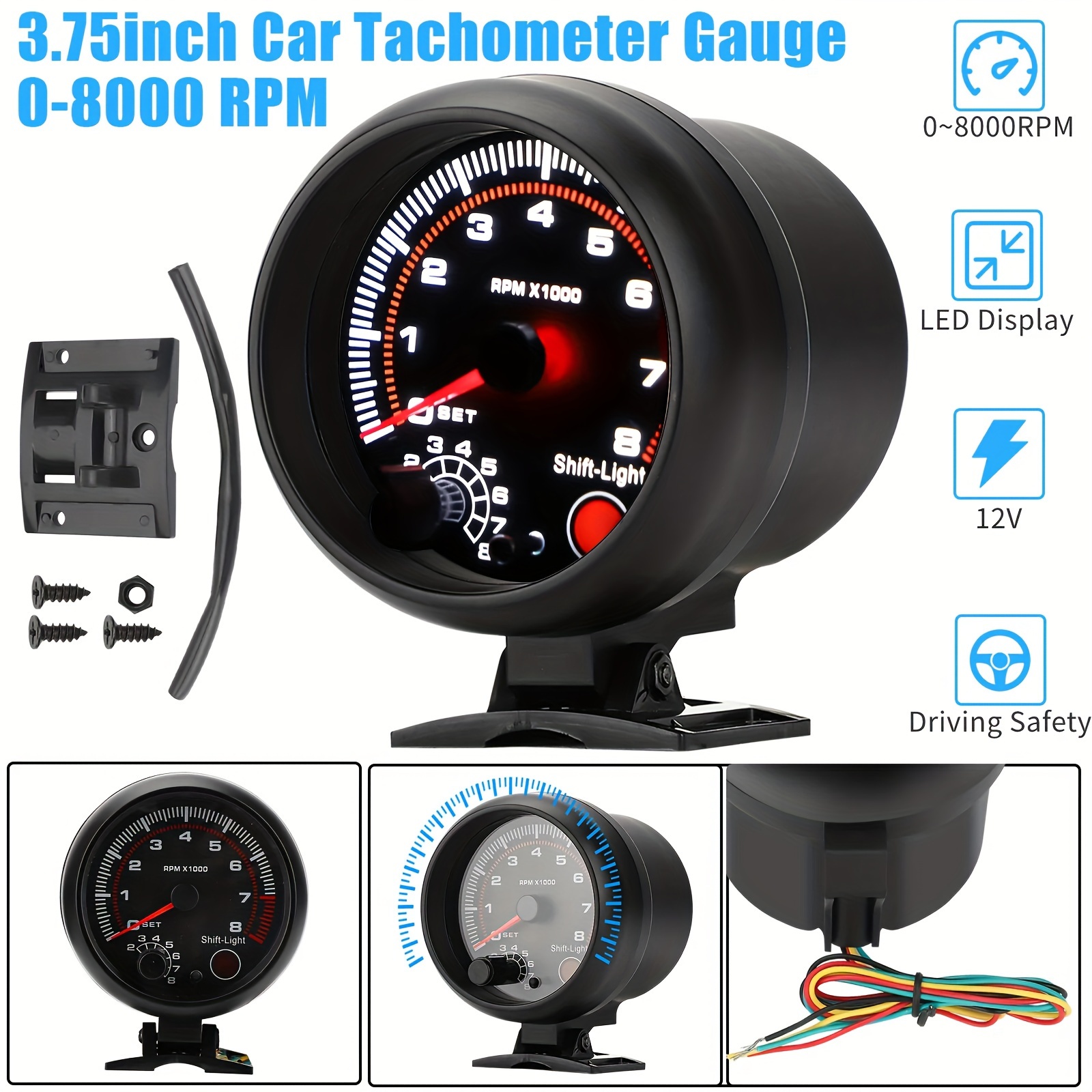 12v car tachometer gauge meter 3 75 inches measuring 0 8000 rpm featuring an led shift light suitable for 4 6 and 8 cylinder engines