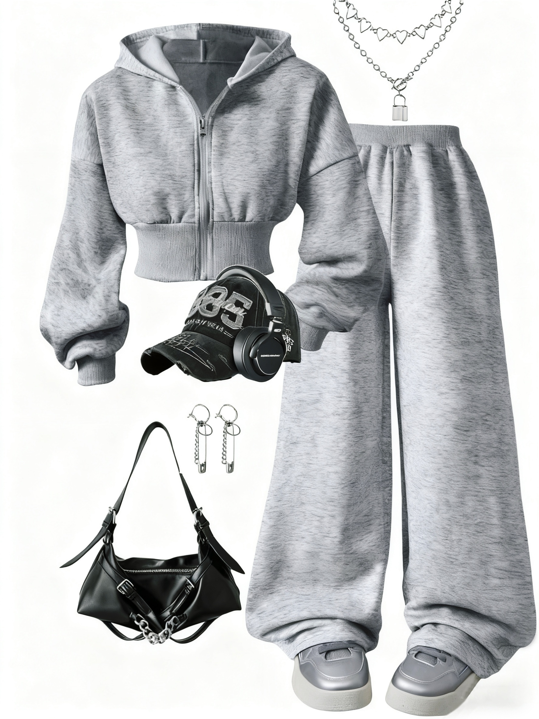 autumn winter casual sport two piece set gray hooded cardigan jacket with gray loose wide leg pants waist gathered design simple fashionable soft and comfortable accessories not included   outdoor Product details 1