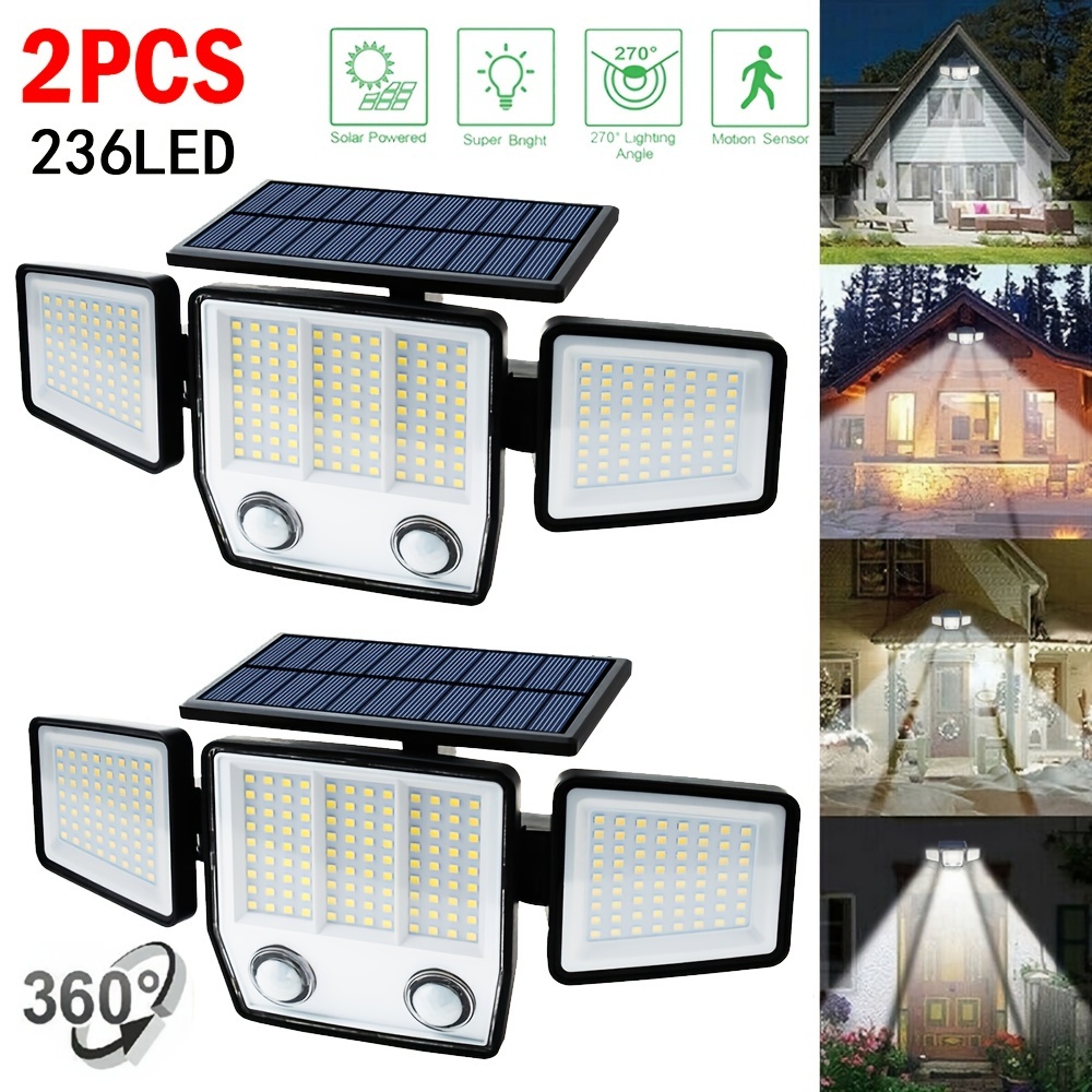 

2pcs Solar Motion Sensor Light Outdoor, 236led Solar Wall Light With 3 Lighting , 270 ° Wide-angle Safety , Ip65 Waterproof, 3-head Solar Light For Porch, , Garden, Garage, , , Front Door Lighting