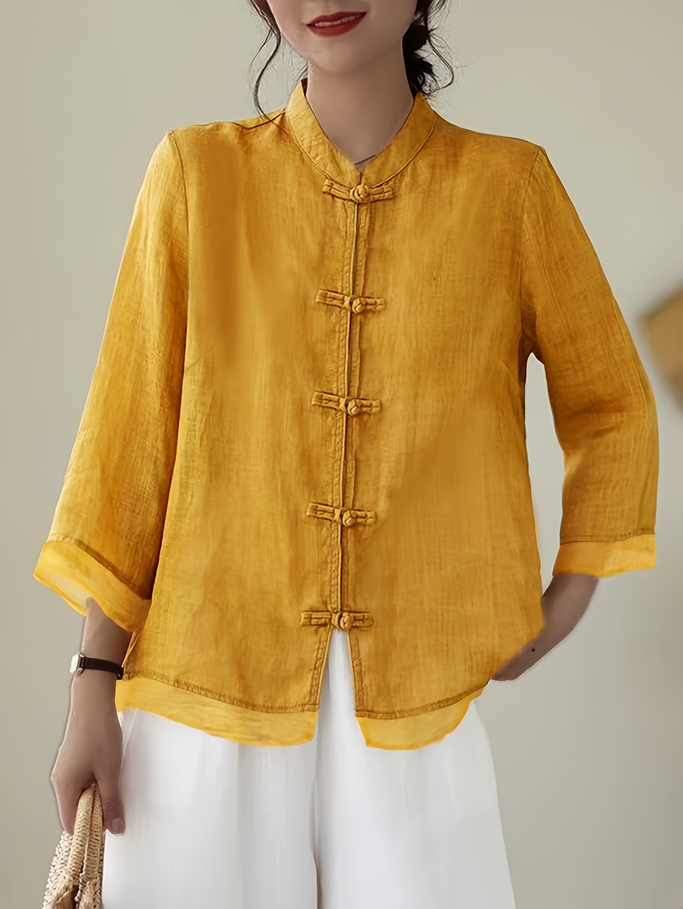 plus size shirt with a chinese style button closure yellow 0