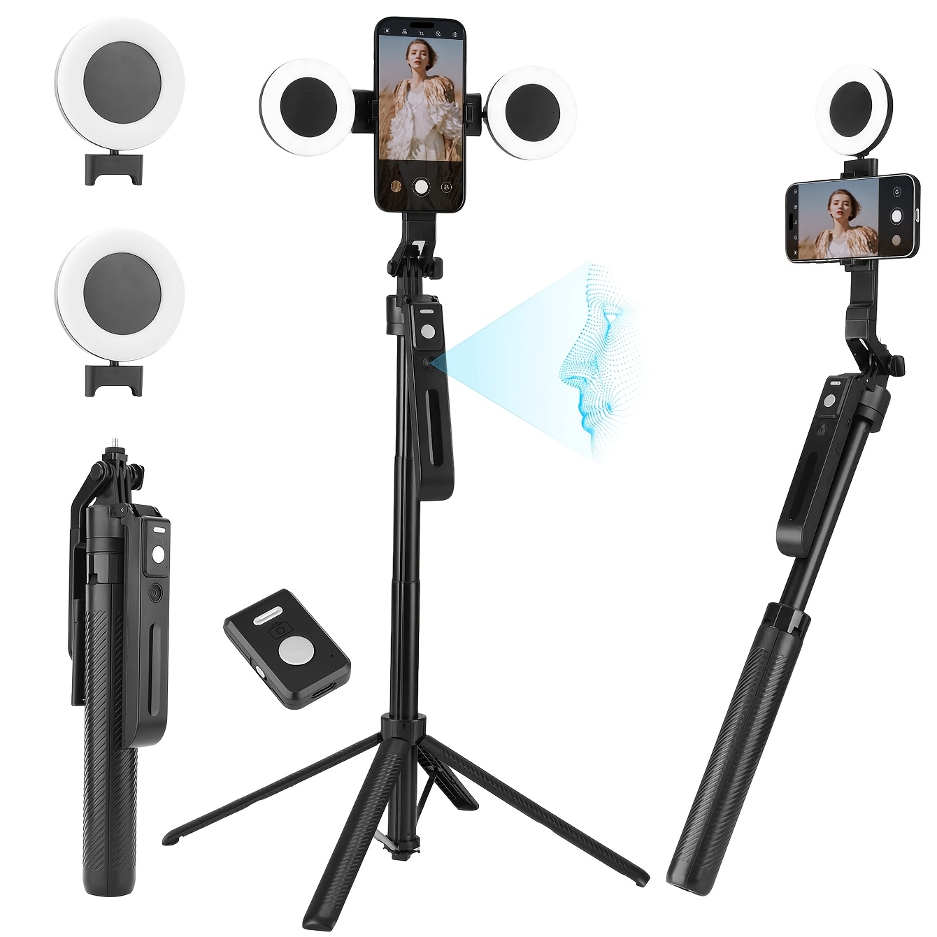 TEMU 2026 New Ai Selfie Stick Tripod With 360° Face Tracking. Multi-functional Phone Holder, Includes Remote Control And Fill Light, Extendable And