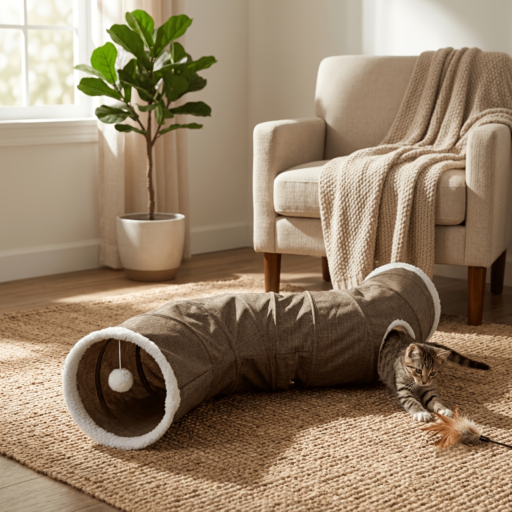 TEMU Thickened Cat Play Tunnel, Plush Cat Tunnel, Cat Crawl-through Toy, Colorful Indoor Cat Toy, Durable And Foldable For