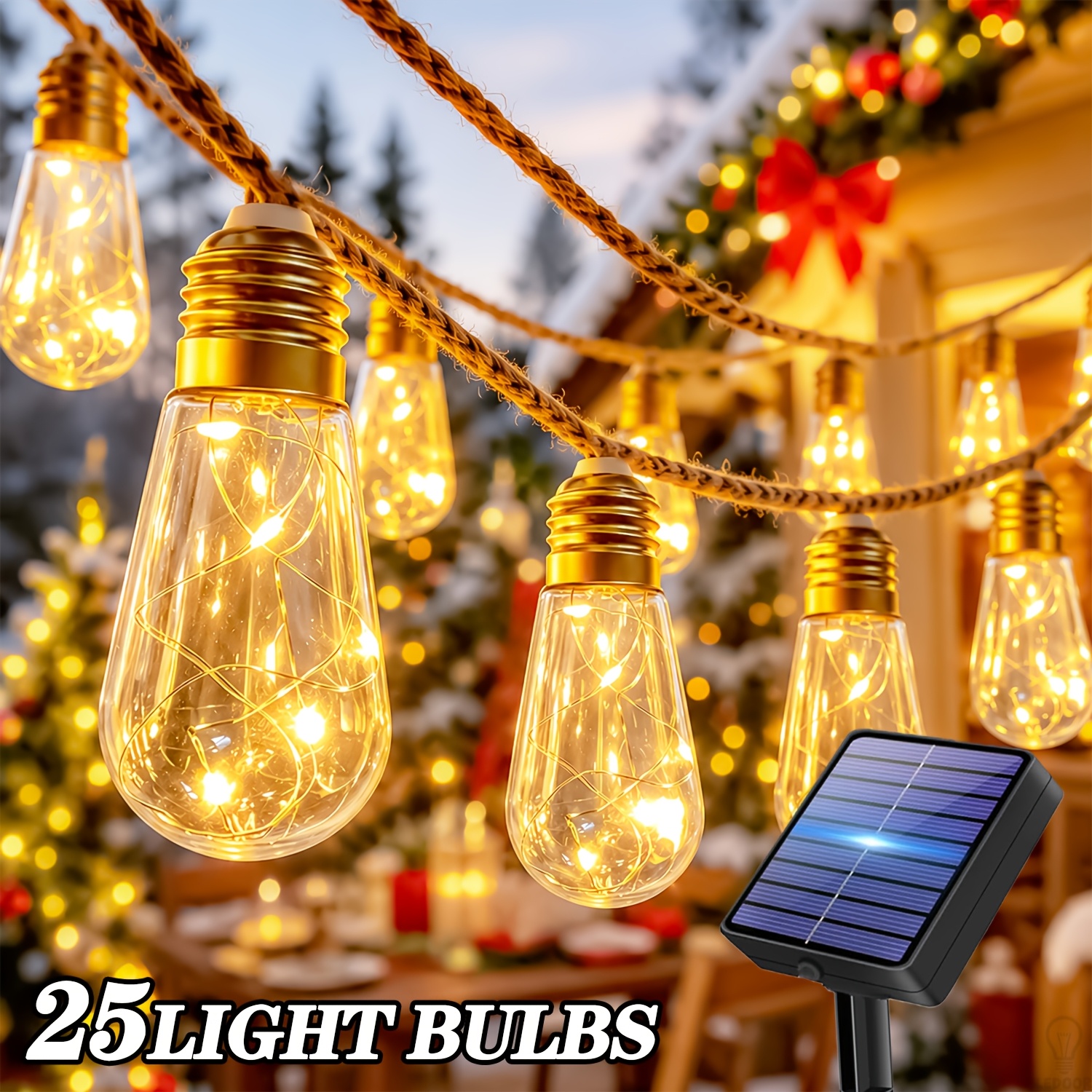 Image of Indoor Outdoor Vintage Bulb Fairy Lights, 25/ Bright Bulbs, 8 Lighting , Solar Powered, Decor For Bedroom, Patio, Porch, Gazebo, Party, Wedding, Balcony, Dance Party, Christmas