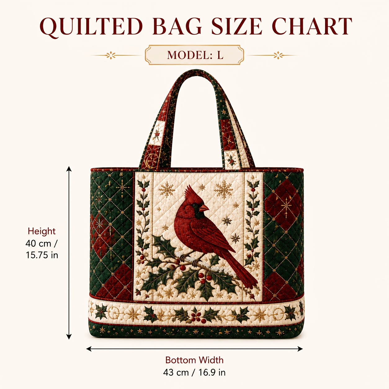 TEMU Quilted Tote Bag For Women, Vintage Holly Branch Christmas Tote With Red Green Quilted Design, Soft Handheld Bag, Large Capacity School Work Bag