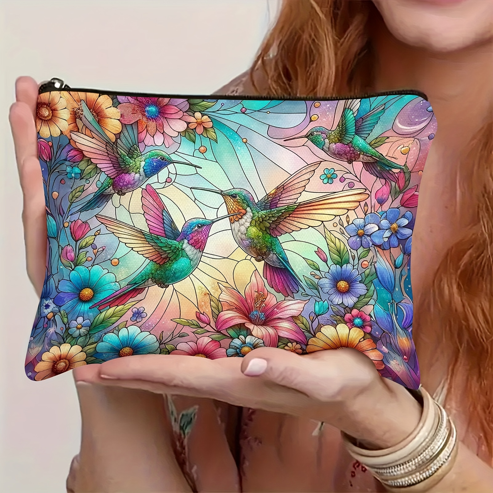 TEMU Women's Unscented Hummingbird Floral Cosmetic Bag - Durable Polyester Travel Cosmetic Bag With Zipper, Machine Washable, Bright Flowers And 4