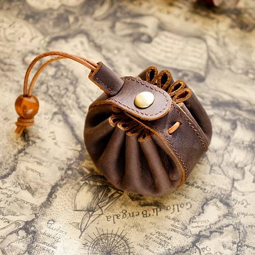 handmade genuine leather coin purse with drawstring unisex small wallet