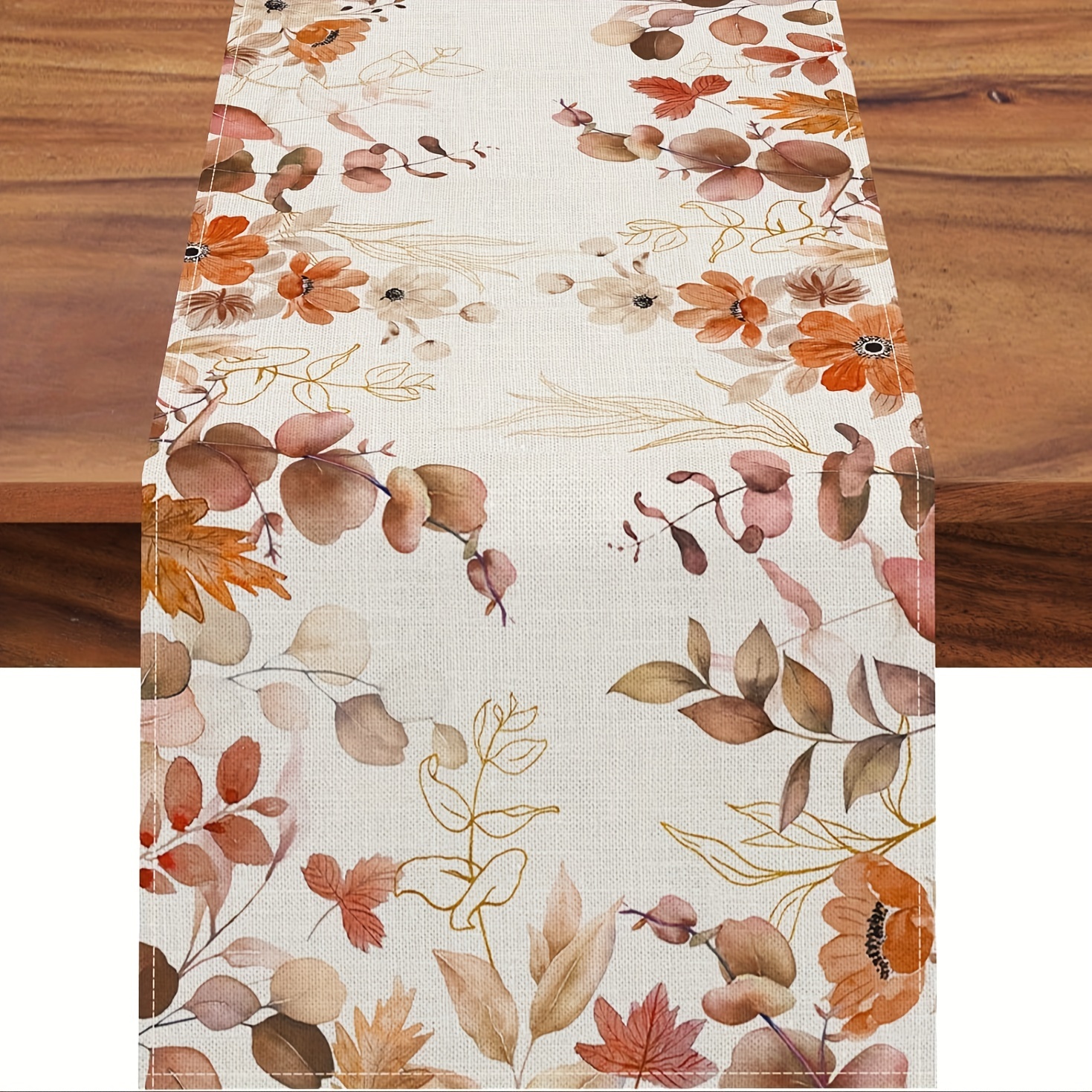 

1pc, Table Runner, Autumn Floral Leaves Design Table Runner, Thanksgiving Rustic Farmhouse Decor, Polyester Burlap For Indoor & Outdoor Gatherings, Home Decor