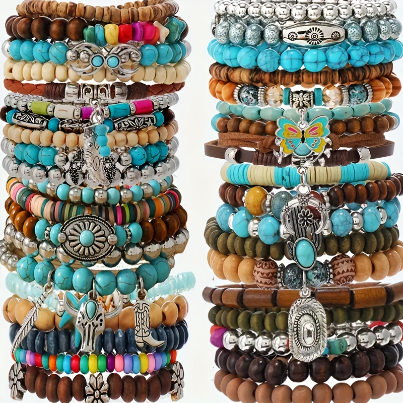 TEMU Set Of 30pcs Bohemian And Turquoise Bead Bracelet Set With & Charms, Stretch Beaded Bracelets For Couples - No Metal Mosaic