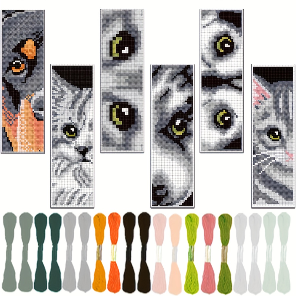 E-shop 6er-Set Katzen- und Hunde-Muster Lesezeichen Kreuzstich Bastelset - Anfängerfreundliches Stoff Lesezeichen Bastelset mit Anleitung - Lustiges