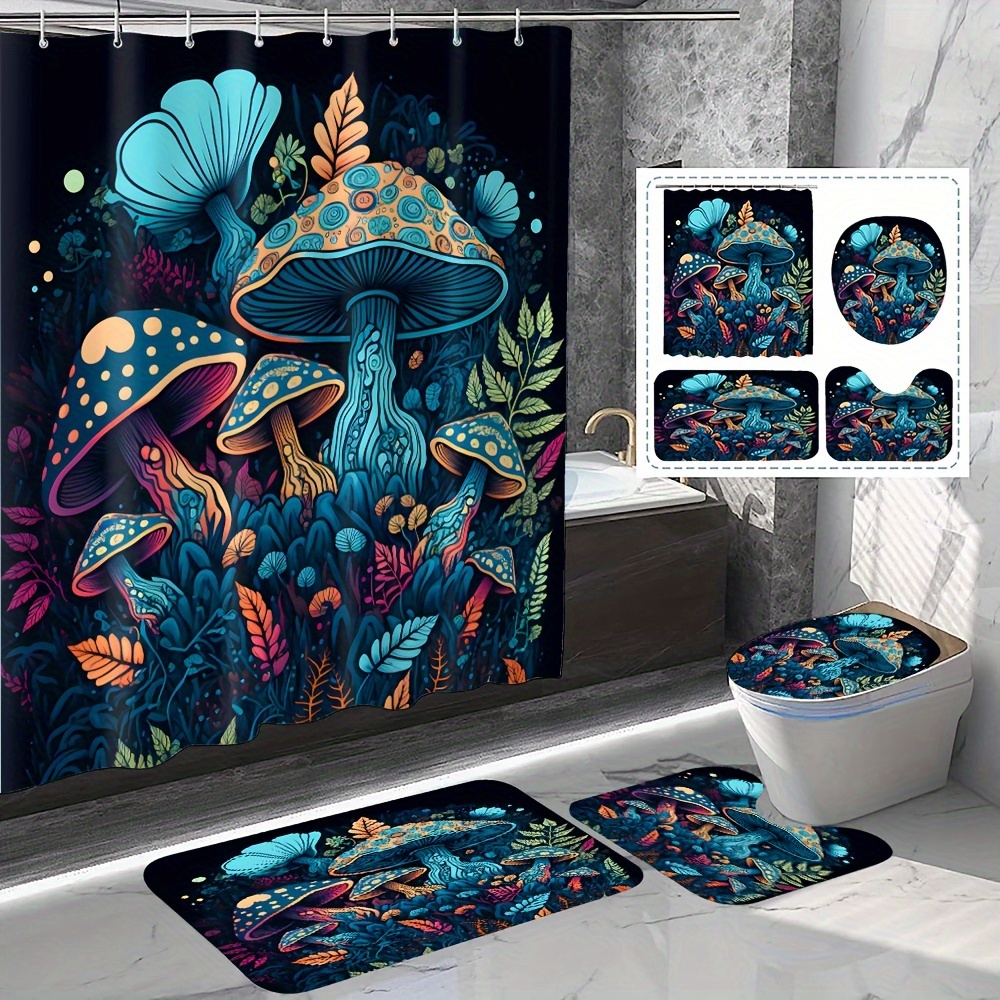 

1/4pcs Mushroom Pattern Shower Curtain Set, Decorative Bathroom Set Including Waterproof Shower Curtain With Hooks, Non-slip Mat, Toilet Lid Mat And U-shape Mat, Bathroom Accessories, Home Essentials