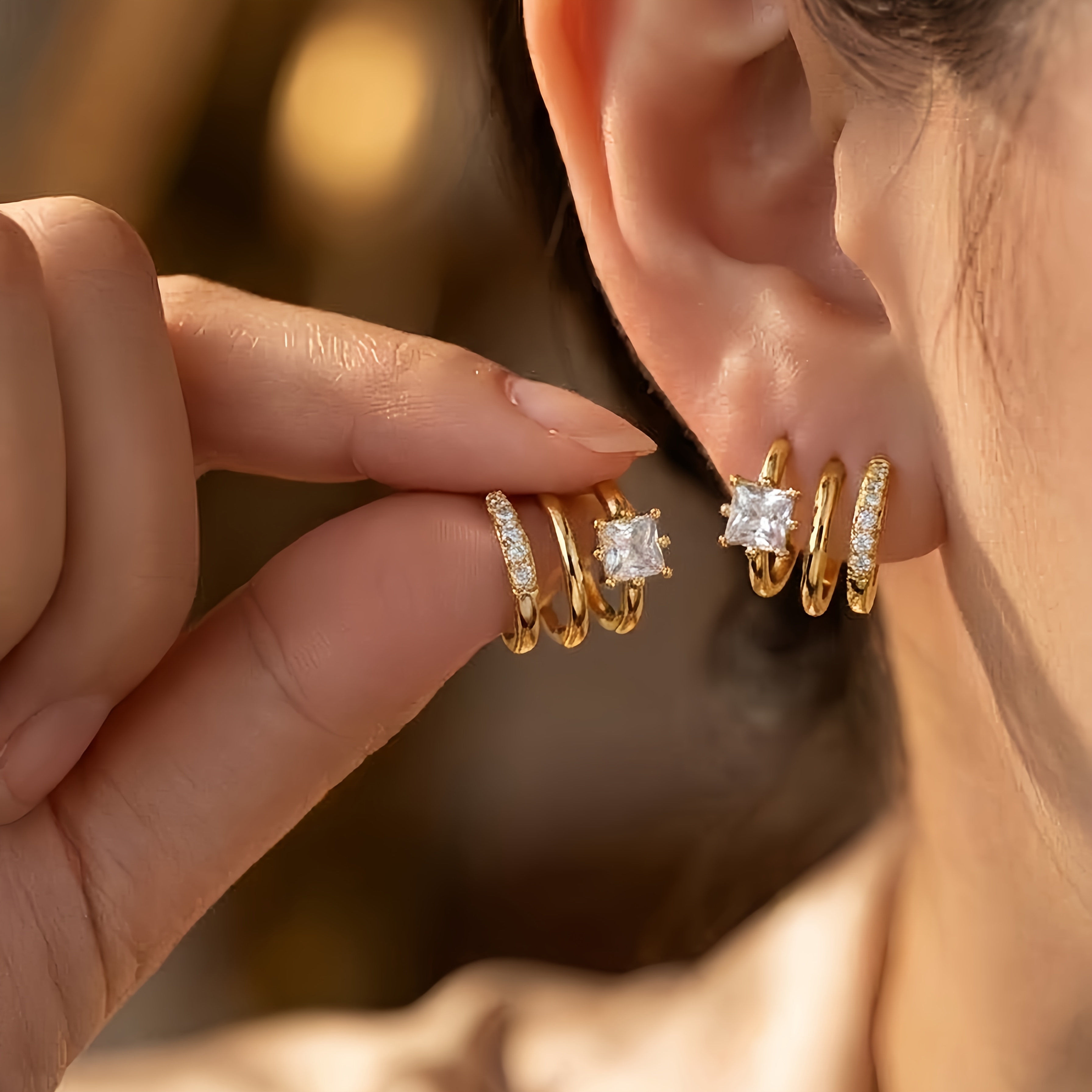 TEMU A Pair Of Stylish And Minimalist Three-tier Earrings Set With Synthetic Synthetic Zirconia, Suitable For Women' Commutes, Parties, Dinners, And