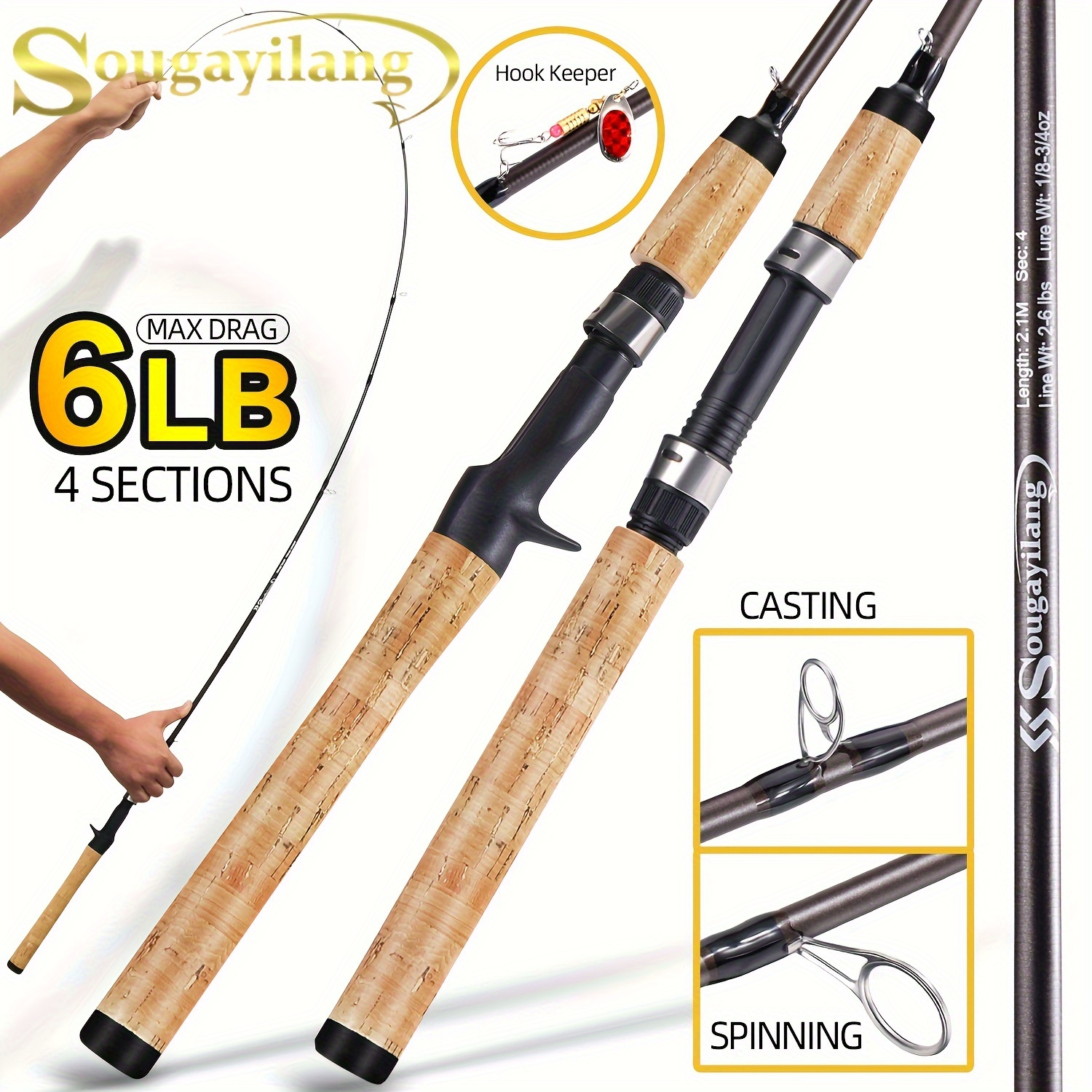 

Sougayilang 4 Section Ultralight Carbon Fiber Fishing Rod 2.1m Spinning Rod And Casting Rod Bass Pike Trout Fishing Pole