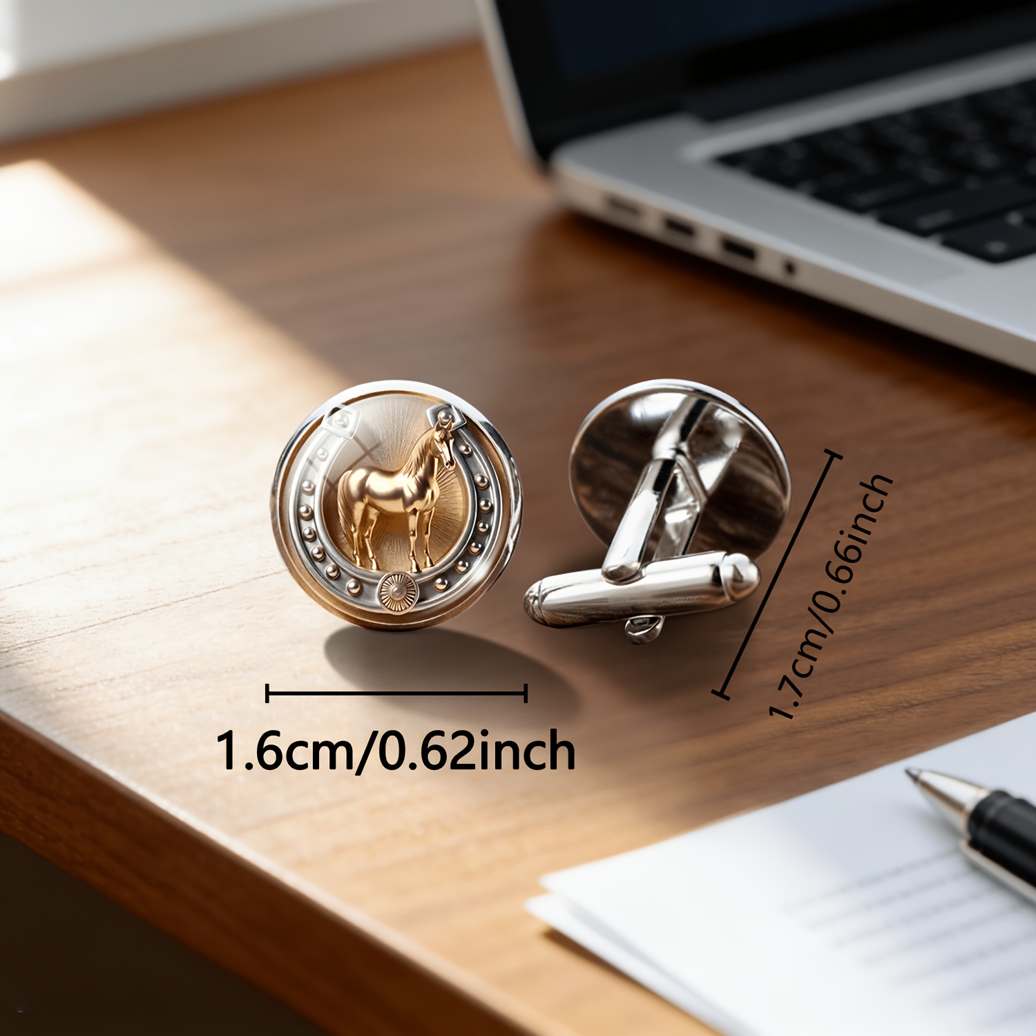 TEMU 2pcs Set White Round Versatile Decorative Men's Cufflinks, Standing In Silvery Horseshoe With Radial Light Background, Overall Design Luxurious
