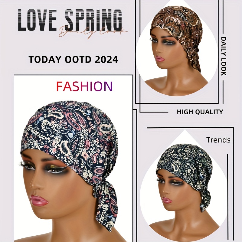 

Stylish Paisley Printed Beanie Elastic Pre Tied Turban Hat Lightweight Decorative Chemo Hats With Small Tails