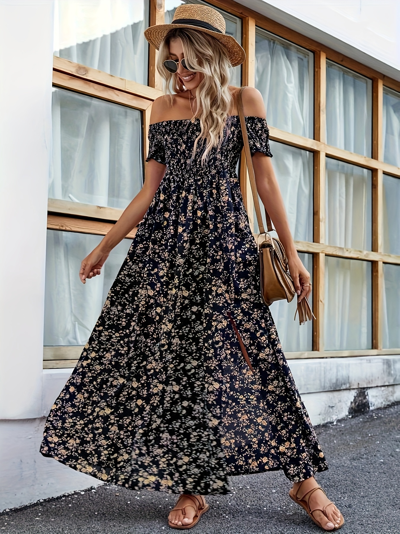 floral high slit dress Sugarlips Short Sleeve Floral High Slit Midi Dress main image 1