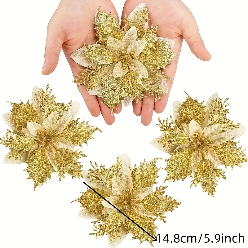 36pcs Shiny Golden Faux Christmas Poinsettia - (12 Flowers + 12 Clips + 12 Stems = 36), No Electricity Required, Perfect for Christmas Tree Decorations, Garland Embellishment, Wedding & New Year Holiday Celebrations, Seasonal Home Decor