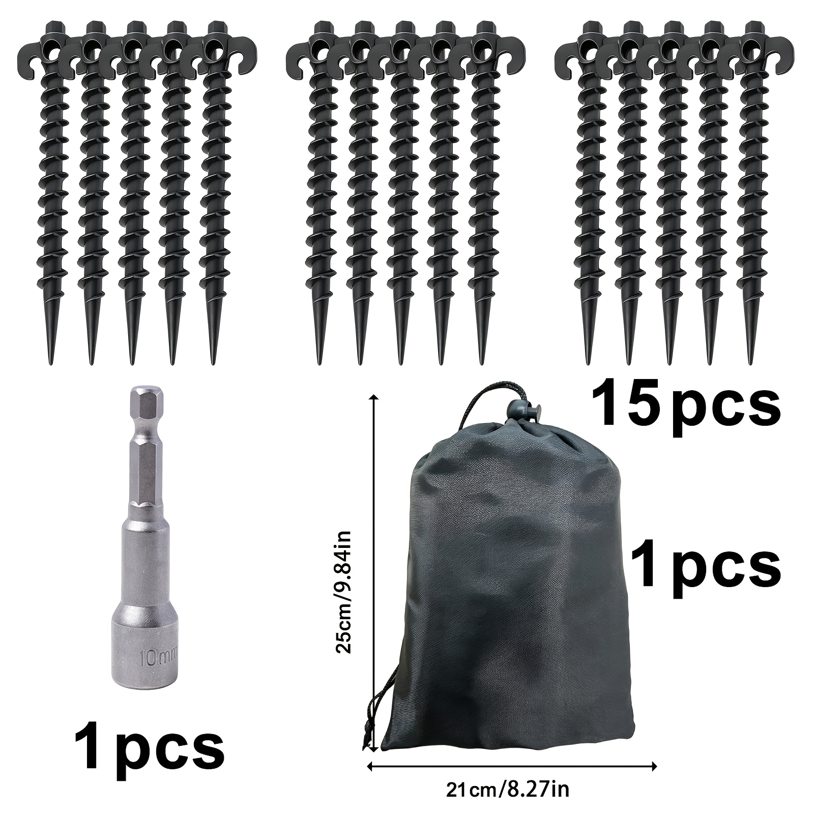 TEMU 10/17pcs Heavy Duty Spiral Tent Stake Kit, Electric Drill Drive Ground Anchor Pegs With Drill Adapter + Portable Storage Bag, Reusable Windproof