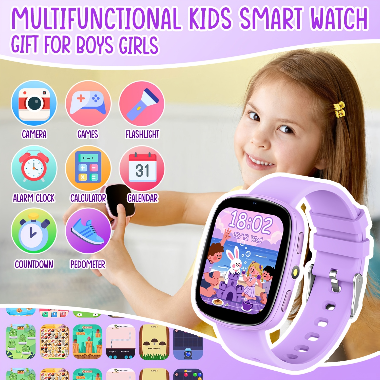 Kinder Smartwatch met 22 Spelletjes, Ingebouwde Zaklamp, Camera & Fotoalbum, 260mAh Oplaadbare Batterij, Kalenderfunctie, Meest Populaire Smartwatch voor Kinderen, Jongens & Meisjes, Lieve Speelkameraad voor Kinderen, Grappig Educatief Polshorloge, Geweldig Cadeau voor Kinderverjaardag & Feestdagen