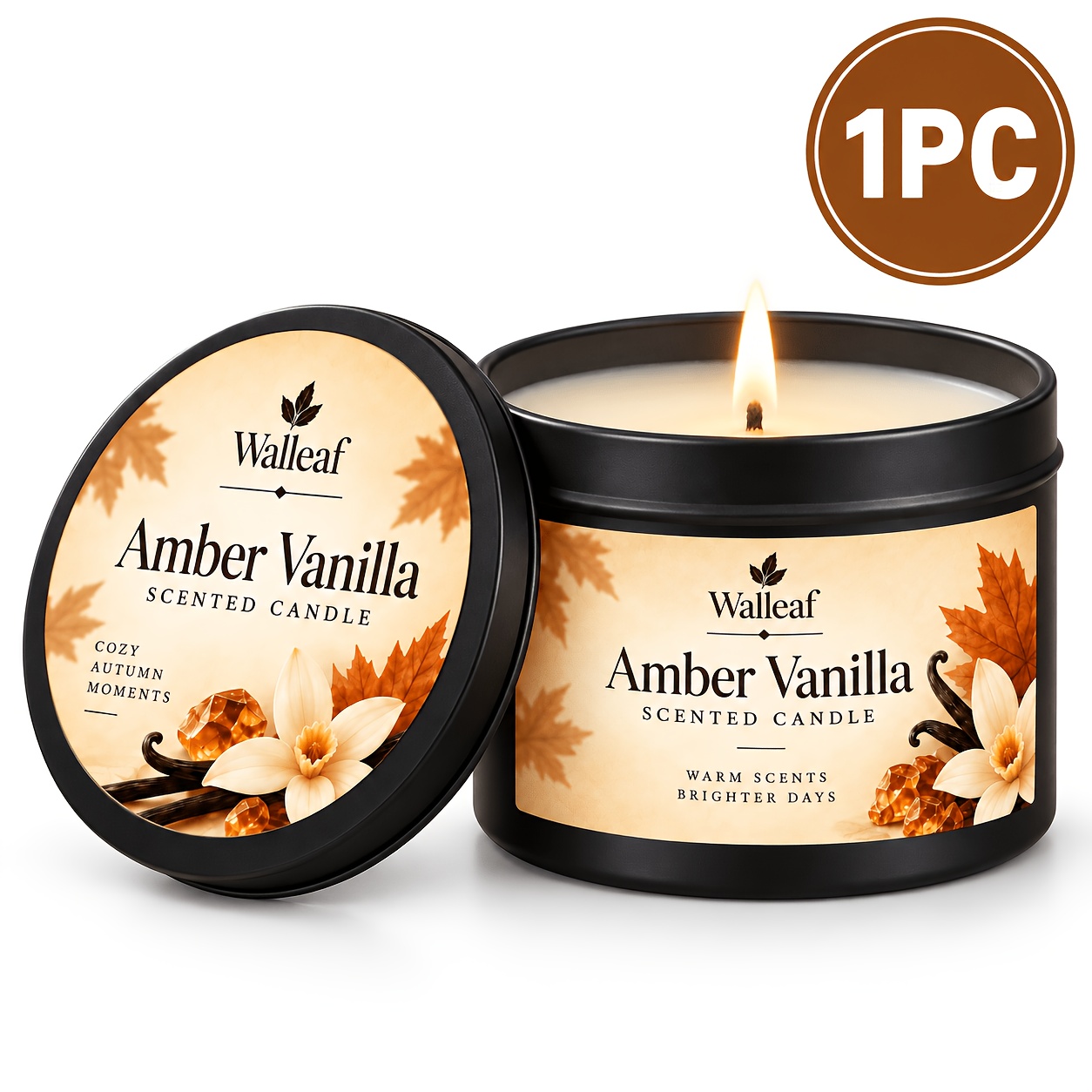 TEMU Bougie Parfumée Ambrée à la Vanille Walleaf, Bougie en Boîte de Métal Noir Ambiance Automnale, Décoration Parfumée , Cadeau d'Automne pour