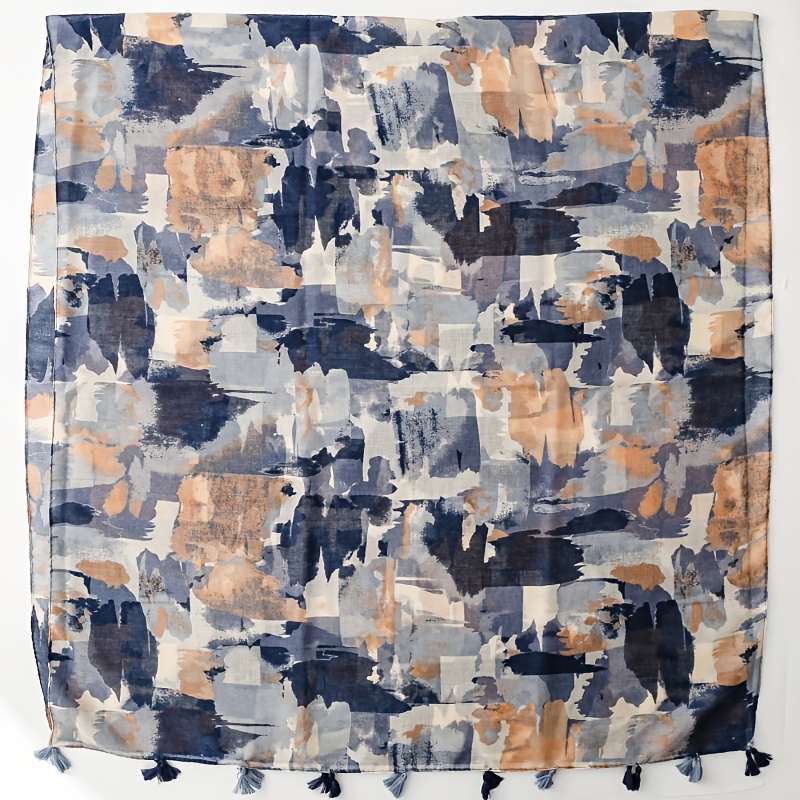 Women's Vintage Chinese Ink Wash Scarf - Watercolor Fringe Shawl & Neck Wrap, Warm Non-Stretch Collar for Autumn Winter, Elegant Accessory Suitable for Casual Outfits, Hand Washable Retro Print Scarves