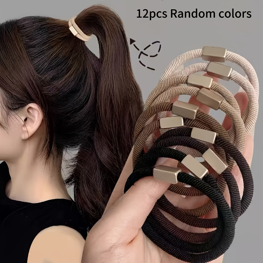 TEMU Lot de 12 élastiques à cheveux à bouton plat de base, couleur aléatoire, accessoires capillaires simples, durables et très élastiques pour
