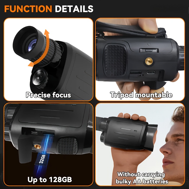 Monoculaire Vision Nocturne 1080P - Pour Aventuriers, Monoculaire Numérique Vision Nocturne, Alimenté par Batterie, Design Portable avec Batterie Rechargeable 1800mAh, Chargement USB, Idéal pour Surveillance Nocturne, Voyage, Exploration, Cadeau pour Halloween/Noël/Thanksgiving Détails du produit 3