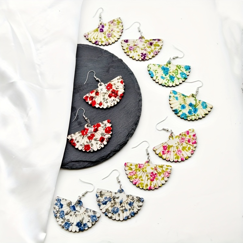 6-Pair Floral Print Acrylic Fan-Shaped Earrings Set