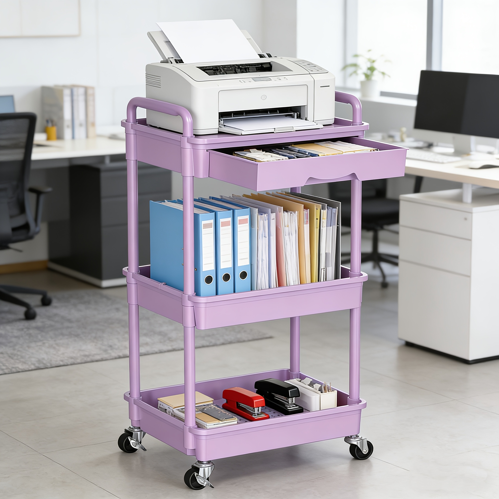 Office Storage Cart 3-Tier & 4-Tier Rolling Utility Cart with Drawer - Multifunctional Storage Organizer with Plastic Shelf & Lockable Wheels for Kitchen, Bathroom, Living Room, Office Supplies