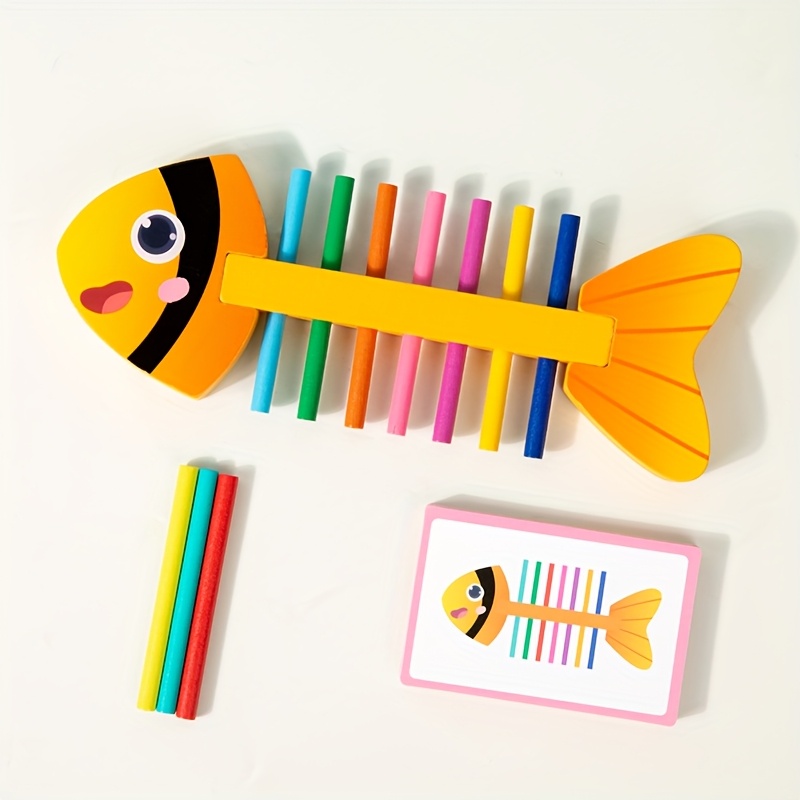 Image of Wood Fishbone Stick Matching Game - Color Sorting Puzzle Toy Suitable For, Color-coded Learning Activity With Fishbone-shaped Pieces, Motor Skills Development & Educational Toy For Or Use