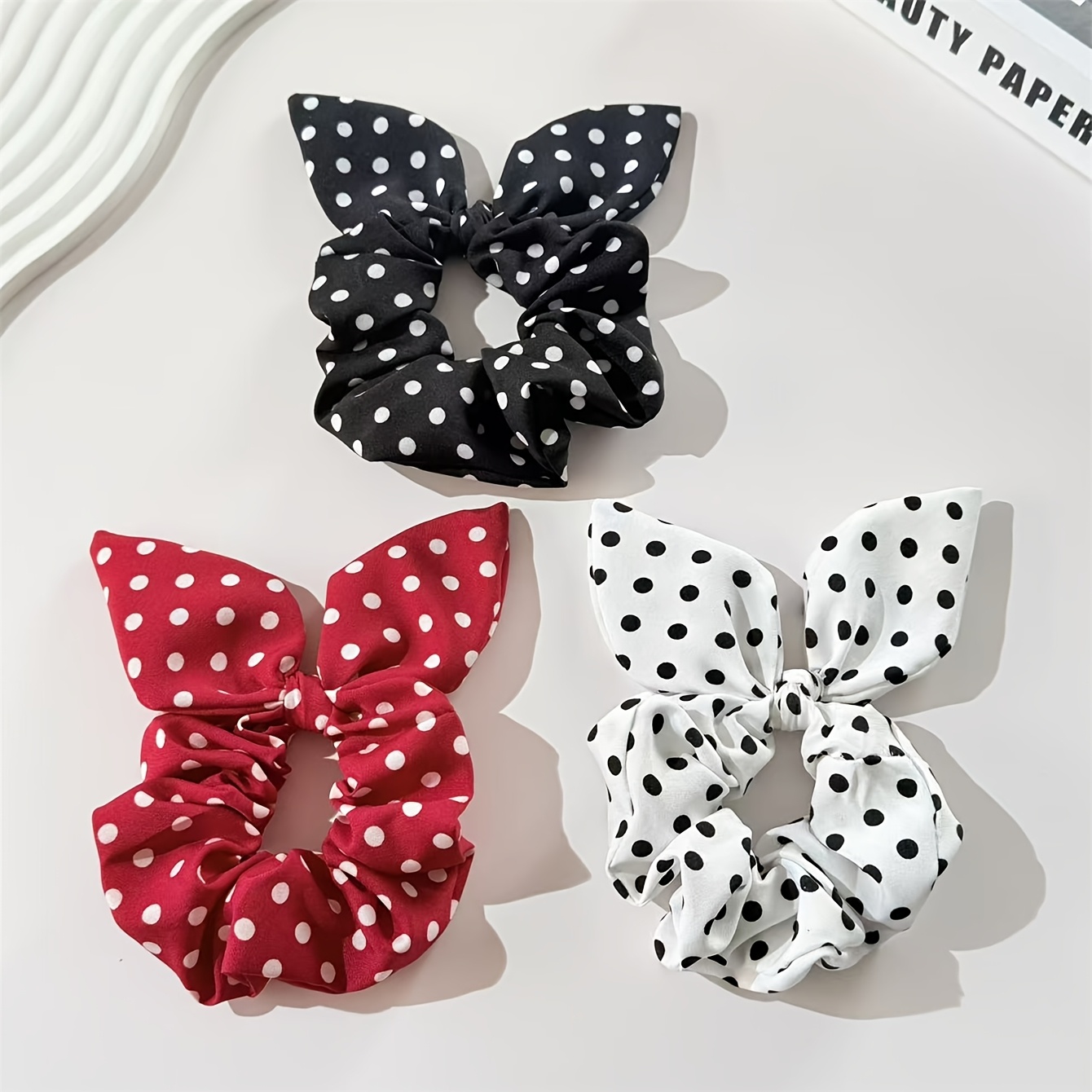 3pcs Set Of Sweet And Cute Fabric Hair Ties With Bunny Ears In Black, White, And Red, Perfect For Ponytails And Buns, Suitable For Pairing With Dresses And Everyday Hairstyles As Decorative Additions