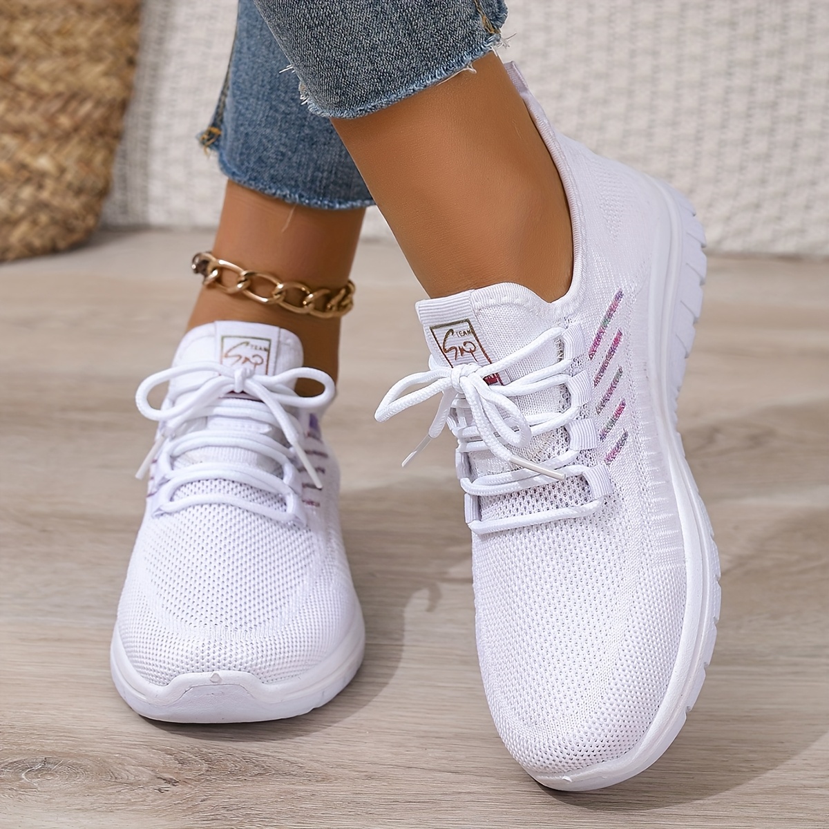 Image of White Plus-size Women's Casual Lace-up Sneakers, Ideal For Spring/ And Travel, Elegant And Versatile, Breathable And Comfortable, Women Shoes