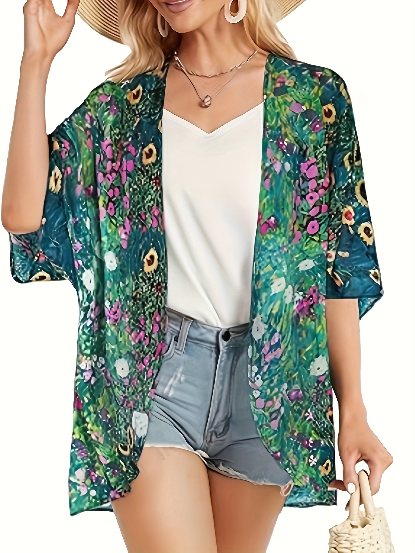 Honeeladyy Discount Bikini Cover Ups For Women Floral Print Chiffon Kimono Cardigan Sheer Bathing Suit Cover Up Summer Beach-wear Shawl D Black