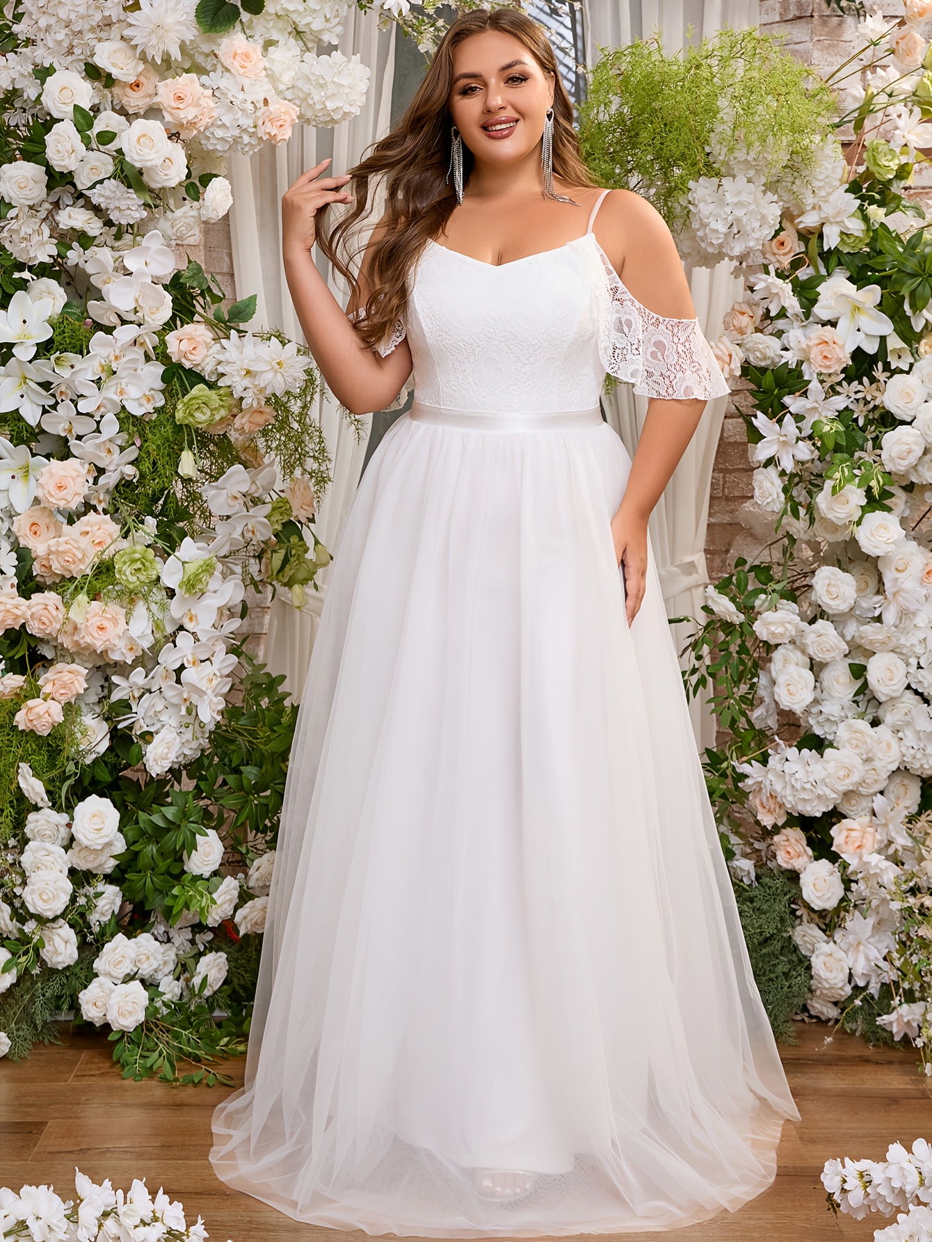 plus size solid cold shoulder wedding dress elegant lace Temu