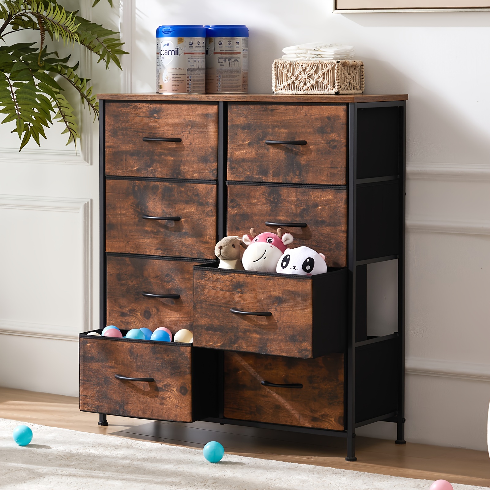 

Dresser For Bedroom, 8 Fabric Drawers, Dresser & Chest Of Drawers, Storage Organizer Units For Clothing, Living Room, Closet, Living Room Furniture, Steel Frame, Wood Top