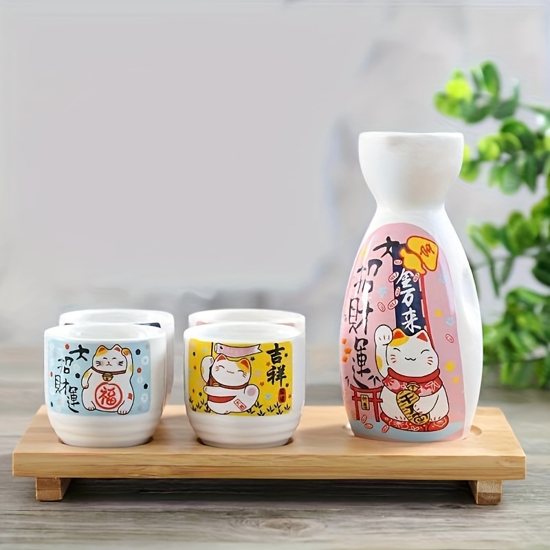 Sæt, Japansk Sake-sæt, 1 Tokkuri-flaske & 4 Ochoko-kopper, Keramisk Sake-sæt